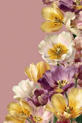Fototapeta premium Close Up Of Various Colorful Tulips In Bloom With Soft Lighting And A Delicate Pastel Pink Background Perfect For Springtime Decorations And Floral Arrangements