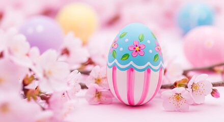 Fototapeta premium Pastel Easter eggs amongst cherry blossoms, pink backdrop, focused egg