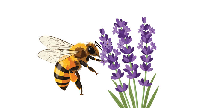 A bee collecting nectar from a bunch of purple lavender flowers on a white background
