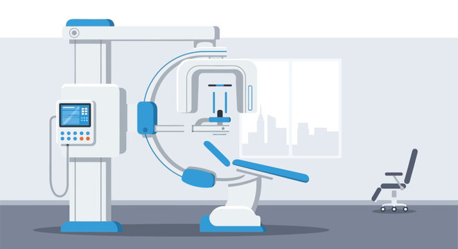 A dental X-ray machine in a modern medical office with a city view