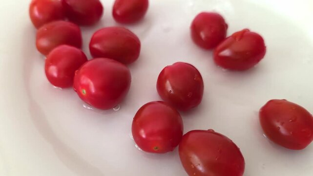 Cherry tomatoes are washed in a water