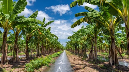 Obraz premium Lush Green Banana Grove Landscape Under a Bright Blue Sky with White Clouds and a Calm Water Stream Flowing Through the Center