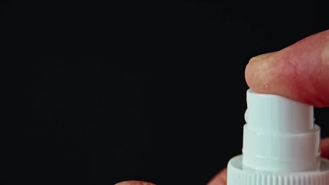 A hand sprays liquid from a white bottle in focus