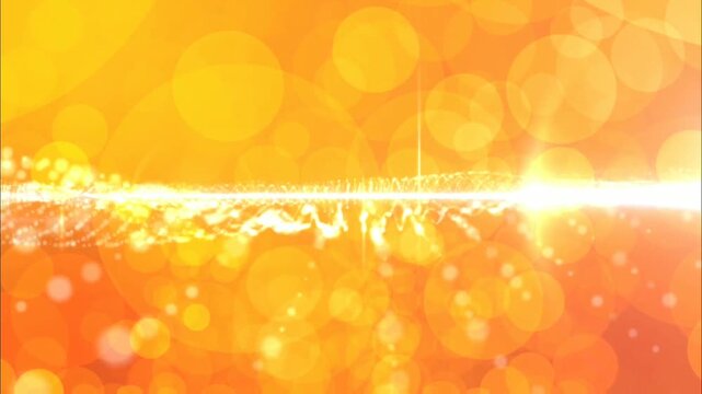 A mobile screen displays an abstract, golden-orange background with bokeh effects and light trails. Video playback controls are visible at the bottom of the screen.