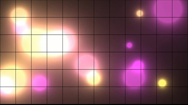 The image features a grid of pink and orange bokeh lights, displayed on a mobile device with standard video playback controls and a progress bar.