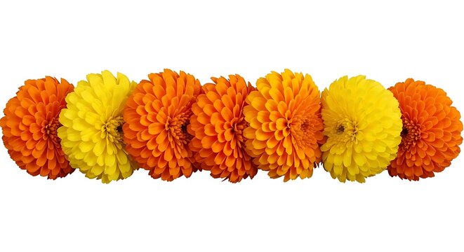 A vibrant collection of marigold flowers arranged in a continuous garland showcasing their rich hues
