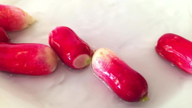 Radishes are being cleaned under running water