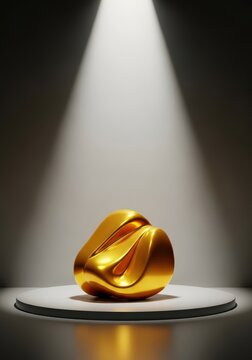 A brilliant golden prize rests on a stage under a dramatic spotlight, representing the ultimate high value target and most sought-after objective, spotlight, game, desire