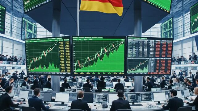 Bustling german stock exchange trading floor with real-time financial data charts and rising market trends