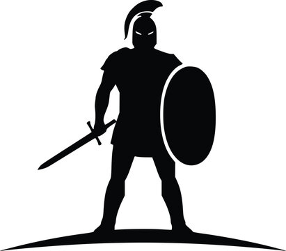 Ancient greek warrior silhouette holding shield and sword