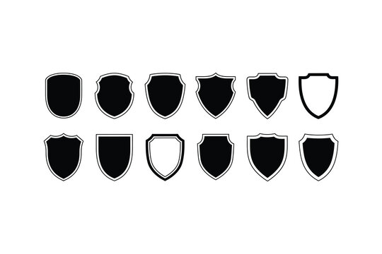 Collection of ten black and white heraldic shields with varied borders, arranged in a grid pattern on a white background, ideal for graphic design and heraldry projects.
