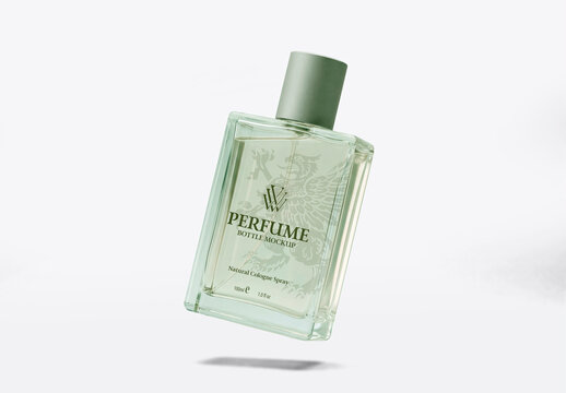 Glass perfume bottle mockup floating minimal scene