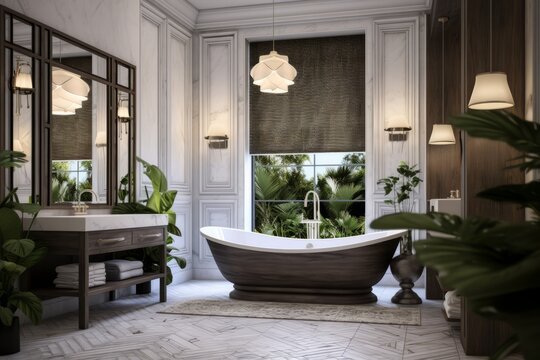 Elegant bathroom featuring a freestanding bathtub, stylish vanity, lush greenery, and natural light streaming through large windows, creating a serene and luxurious atmosphere