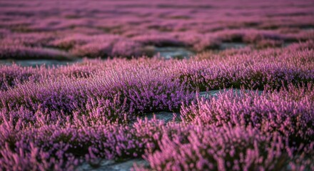 Obraz premium Vast expanse of lush, purple common heather blooming wildly across a rugged, natural landscape. Delicate blossoms cover the terrain, botany, outdoors, summer