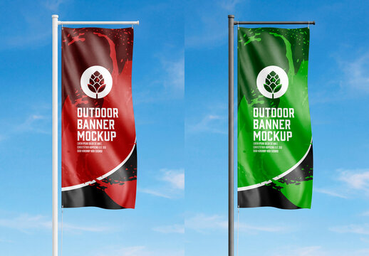 Flag banner mockup on pole against blue sky