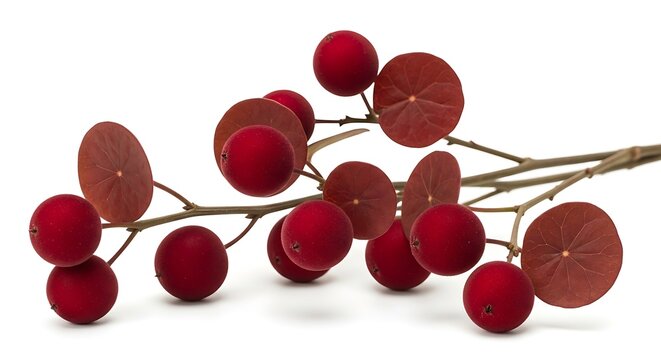 Red sphere and disc-shaped foliage arranged on thin stems against a white background