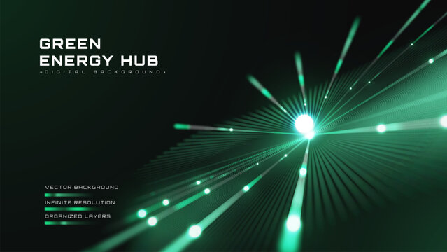 Abstract green energy hub background with digital data ray. Modern technology network system showing eco clean power core. Vector illustration.
