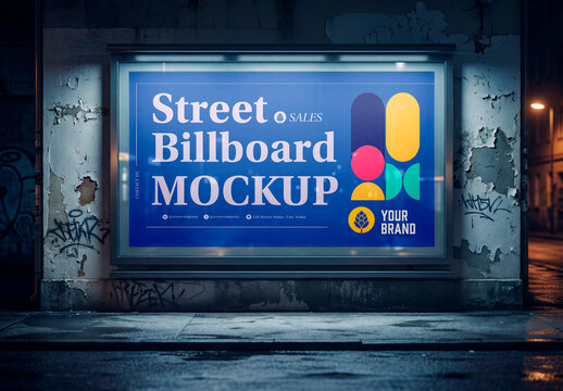 Urban billboard mockup on grunge wall at night street