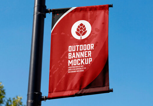 Closeup vertical banner mockup on pole outdoor
