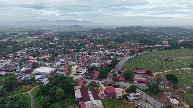Aerial drone view over Kubang Semang town residential area