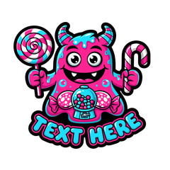Fototapeta premium Pink cartoon monster holding candy.