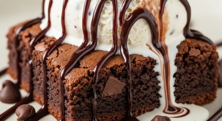 Obraz premium Freshly baked chocolate brownie is topped with a scoop of vanilla ice cream and drizzled with sweet chocolate syrup.