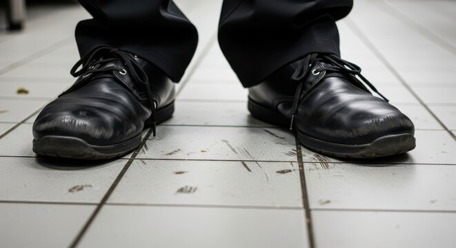 Scuffed black dress shoes stand on a tiled floor.