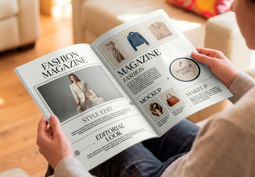 Person holding open blank book mockup at home