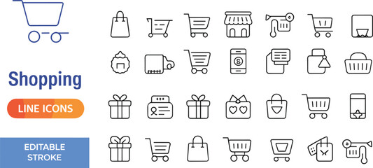 Shopping line icons set, ecommerce symbols, retail store, cart, payment, delivery, online shopping, editable stroke vector illustration collection © Aiyan