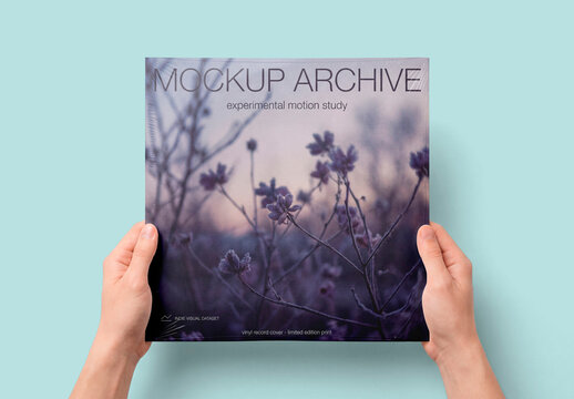 Vinyl record sleeve mockup held in hands minimal background