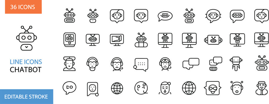 Chatbot line icons set, AI assistant customer support automation messaging bot communication editable stroke vector collection
