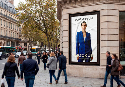 Street billboard mockup on building corner with pedestrians