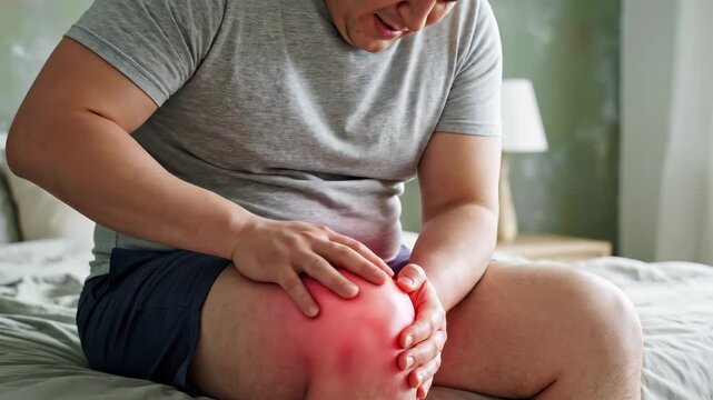 Asian man sitting on bed holding knee in physical pain