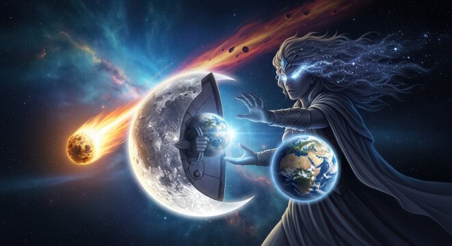 Cosmic entity manipulates planetary bodies amidst a stellar nebula background.