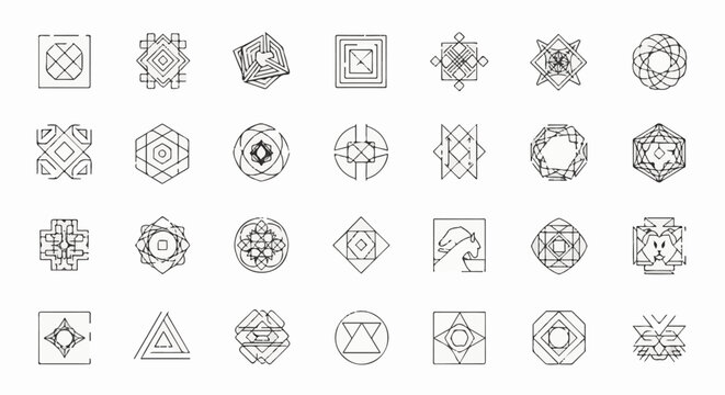Collection of abstract geometric shapes and icons with textured borders