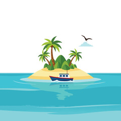 Fototapeta premium Serene island scene with a boat approaching, palm trees, and a bird