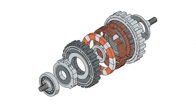 Electric motor internal components exploded view with gears, copper coils, and mechanical parts
