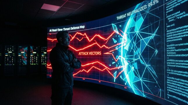 Digital Sentinel: Cybersecurity Expert Observing AI-Powered Real-Time Threat Defense on Massive Data Wall