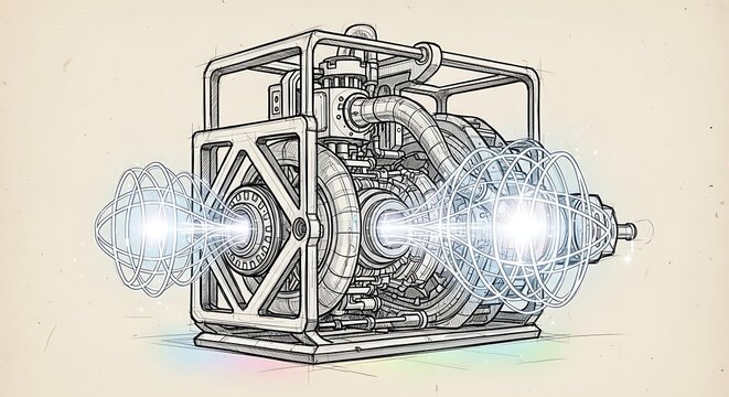 Complex industrial machine technical blueprint with glowing mechanical components and detailed engineering