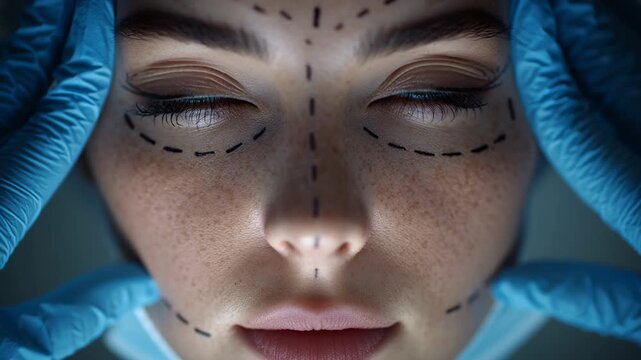 Close-up of female face with surgical markings and gloved hands, illustrating cosmetic procedure planning, facial symmetry analysis and aesthetic medicine preparation