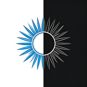 A split-design artwork featuring a sun-like element. The left half is blue and detailed, contrasted by a white/black, outline-style counterpart