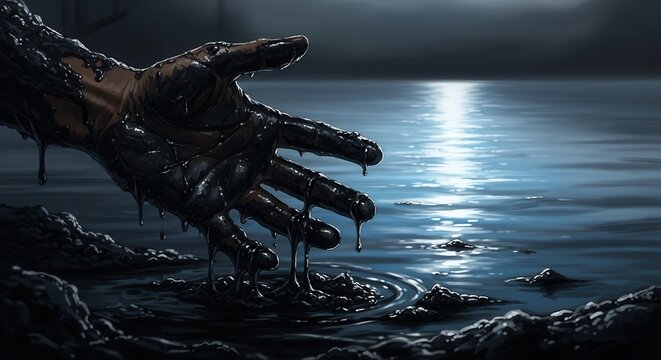 Human hand covered in thick black liquid reaches toward a moonlit body of water.