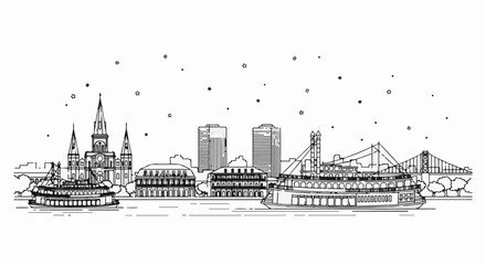 Fototapeta premium Sketchy skyline of a historic city with steamboats and a bridge