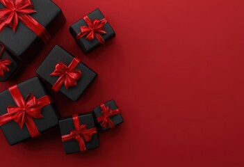 Fototapeta premium Assortment of Black Gift Boxes with Red Ribbons and Bows Arranged on a Vibrant Red Background with Copy Space for Text Celebration Surprise Event Festive Occasion
