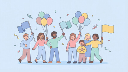 Fototapeta premium Crowd of people celebrating with balloons and flags representing unity and happiness