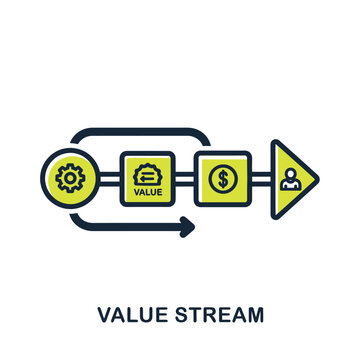 Flat duotone icon illustrating a value stream with gears, briefcase, dollar sign, and person