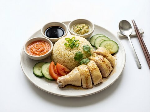 hainanese chicken rice singapore style, photorealistic, white background

