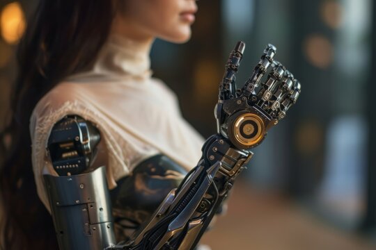 Female figure with a futuristic robotic arm, showcasing intricate mechanical details and a blend of human and technology, symbolizing innovation and the future of robotics