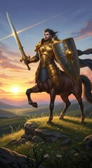 Naklejka premium Noble centaur warrior stands atop a grassy hill holding a sword and shield at sunset.