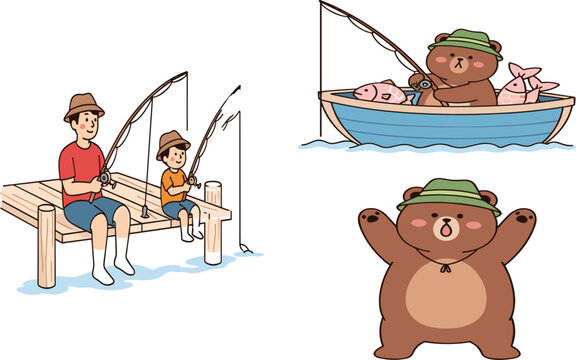 Cute bear fishing cartoon illustration set with father and child fishing scene boat fishing animal character outdoor leisure vector collection